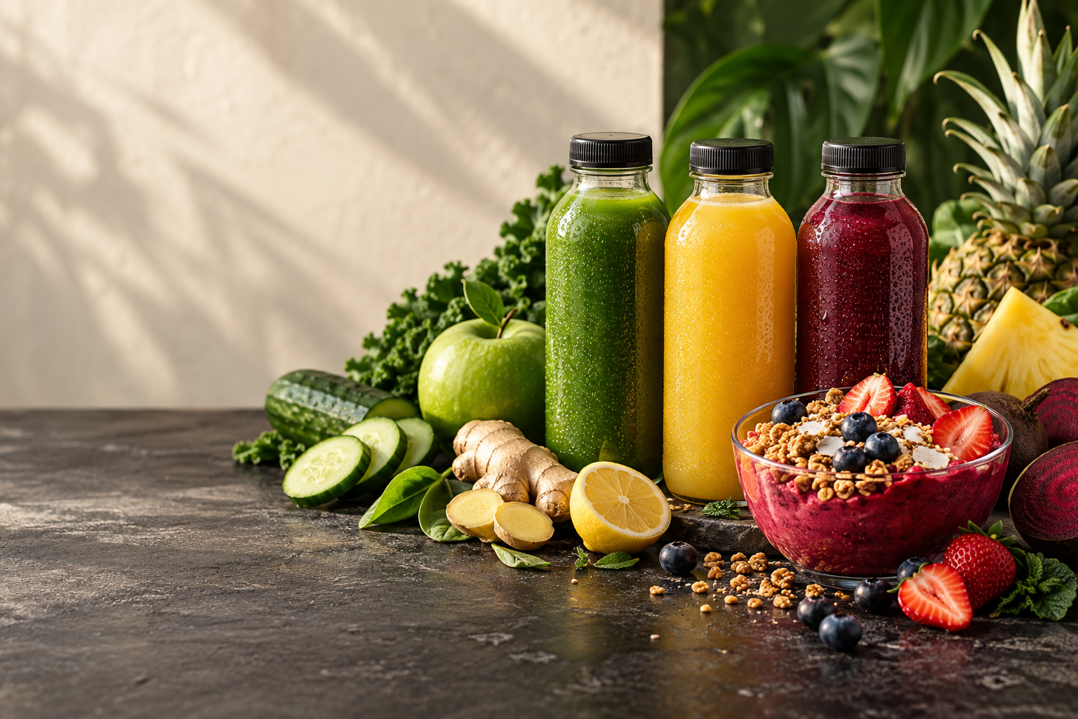 Fresh juices and a fruit sorbet bowl